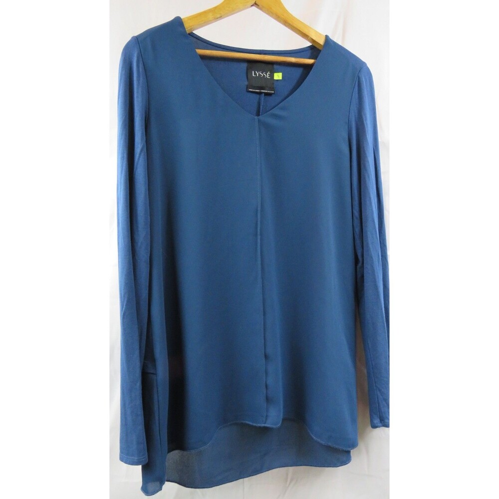 Lysse Mixed Media Tunic Top Size S Womens Navy Blue V-Neck Long Sleeve